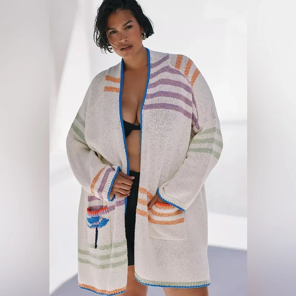 Maeve x Anthropologie Umbrella Beach Chunky Coastal Cardigan Sweater 1X-2X - Picture 2 of 8